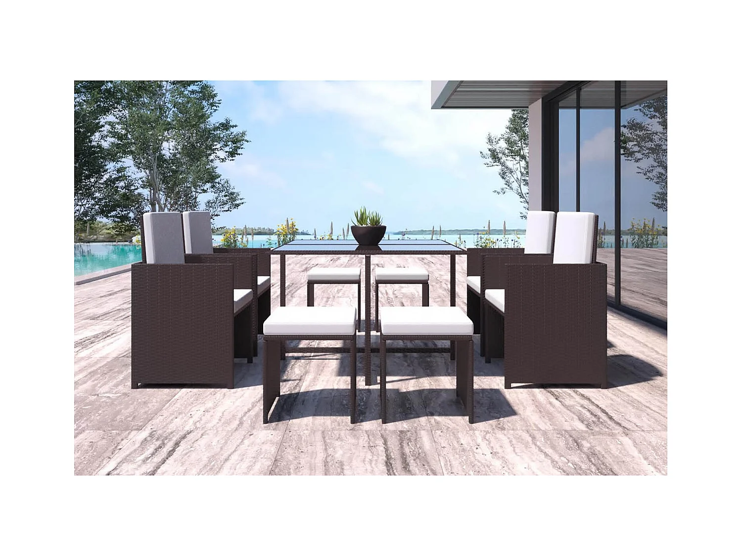 Salon de jardin encastrable Marron-Blanc 8 places FLORIDA