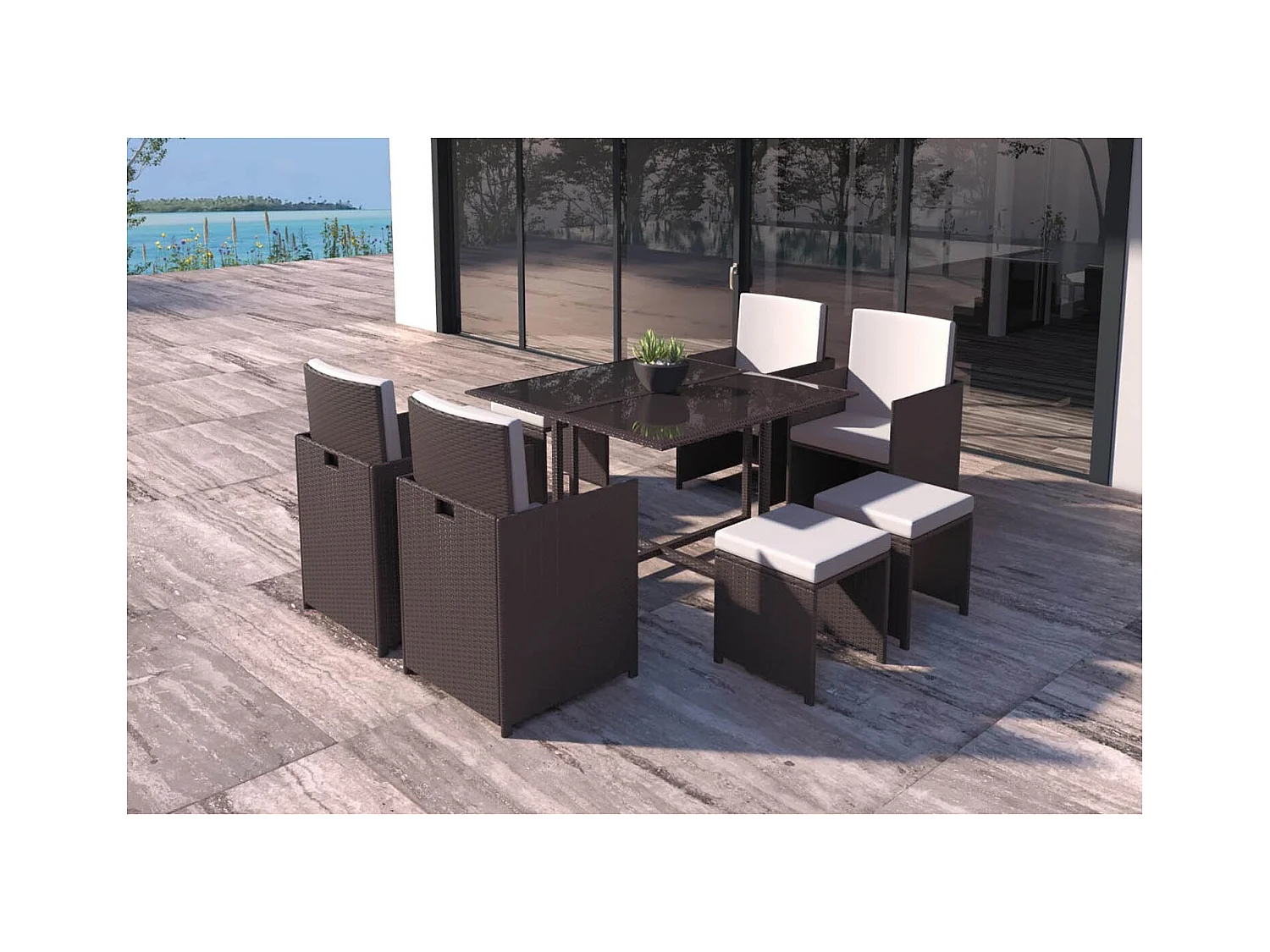 Salon de jardin encastrable Marron-Blanc 8 places FLORIDA