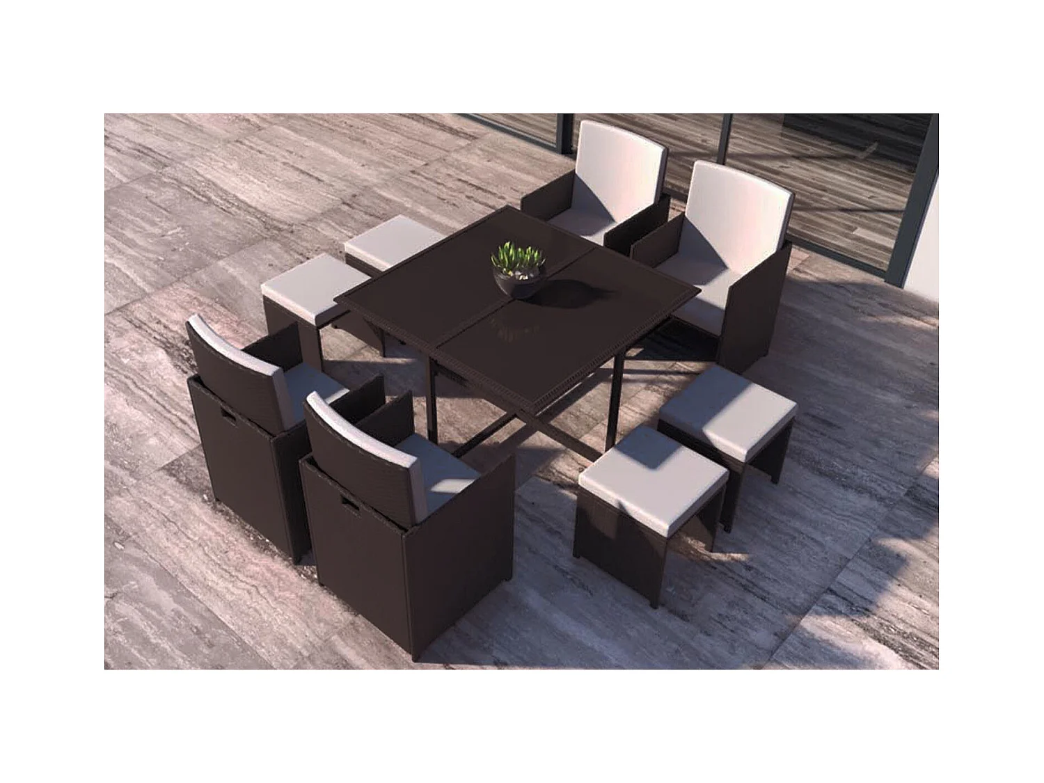 Salon de jardin encastrable Marron-Blanc 8 places FLORIDA