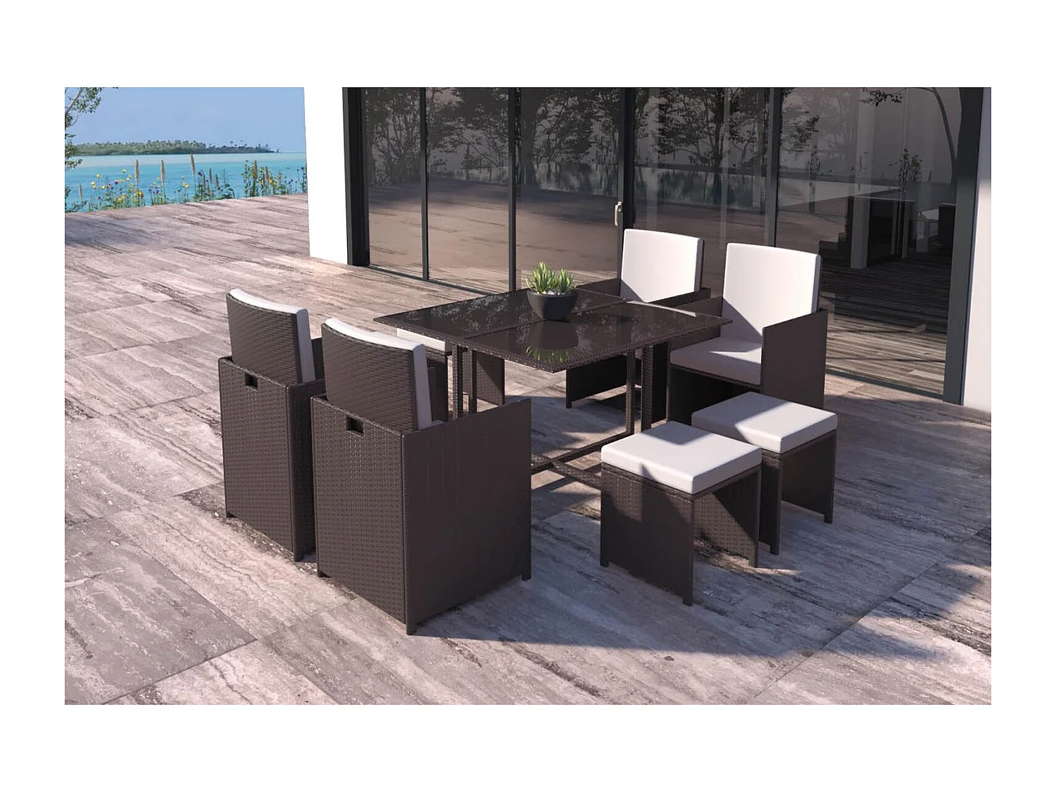 Salon de jardin encastrable Marron-Blanc 8 places FLORIDA