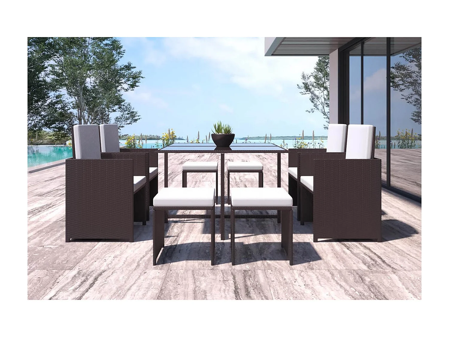 Salon de jardin encastrable Marron-Blanc 8 places FLORIDA