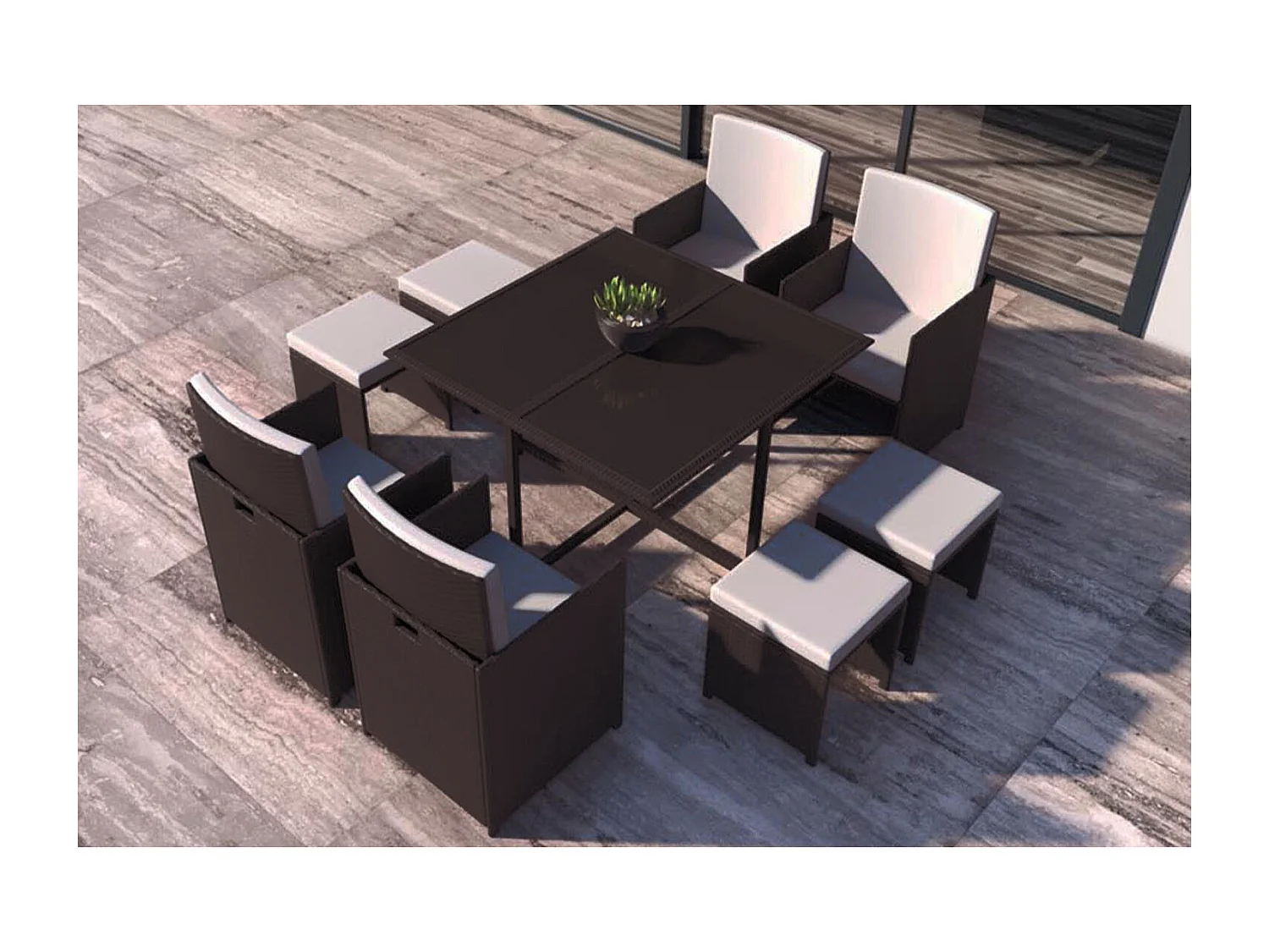 Salon de jardin encastrable Marron-Blanc 8 places FLORIDA