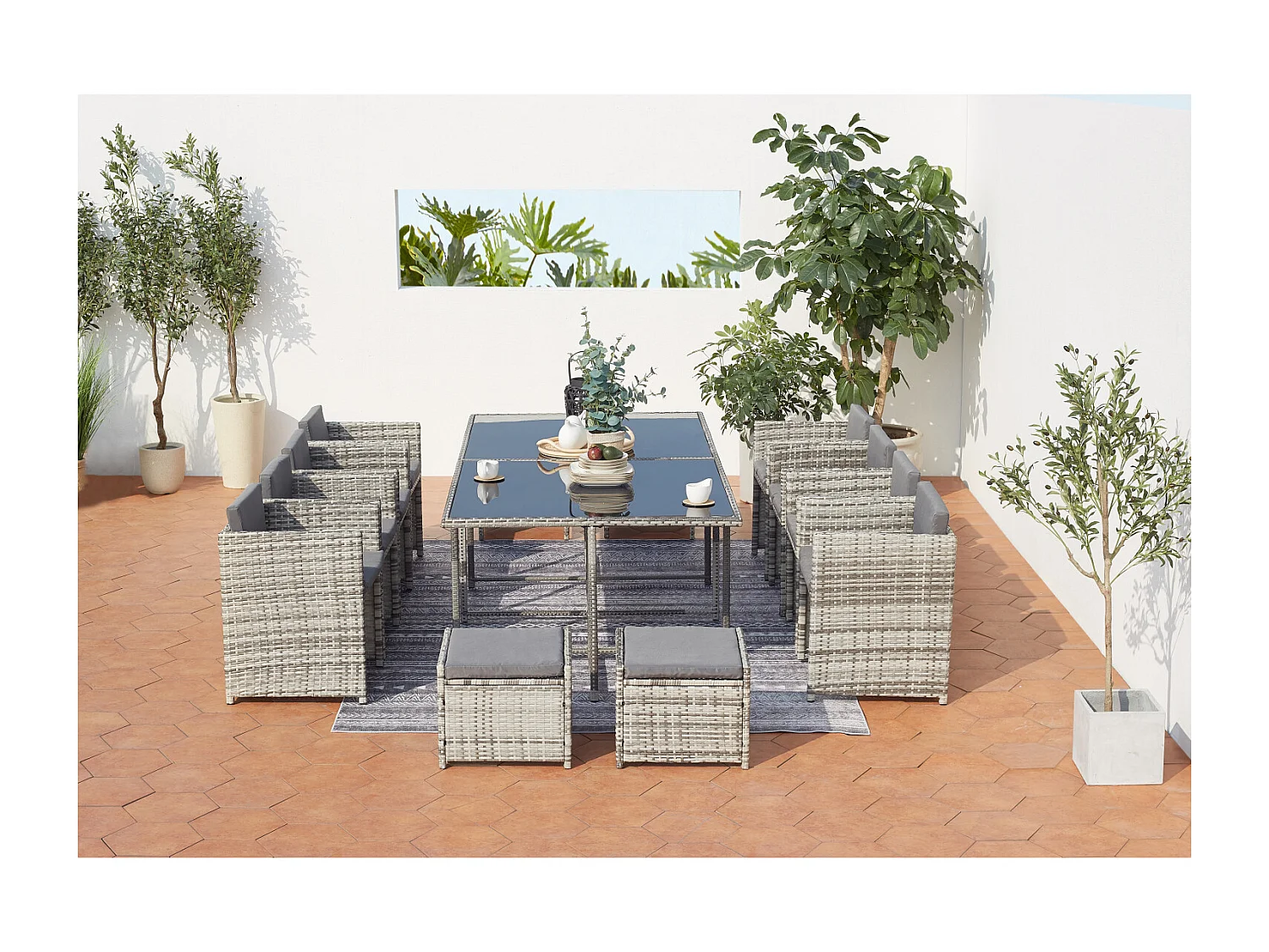 Conjunto de jardim em vime cinza MIAMI para 12 pessoas - Mesa, cadeiras e pufes - Exterior e interior