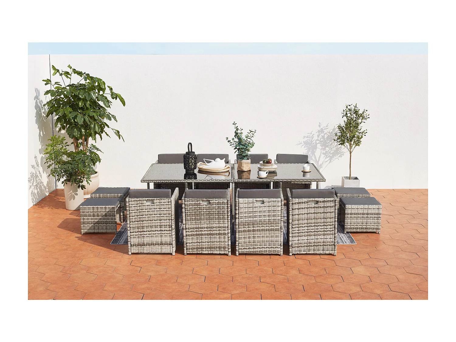Conjunto de jardim em vime cinza MIAMI para 12 pessoas - Mesa, cadeiras e pufes - Exterior e interior