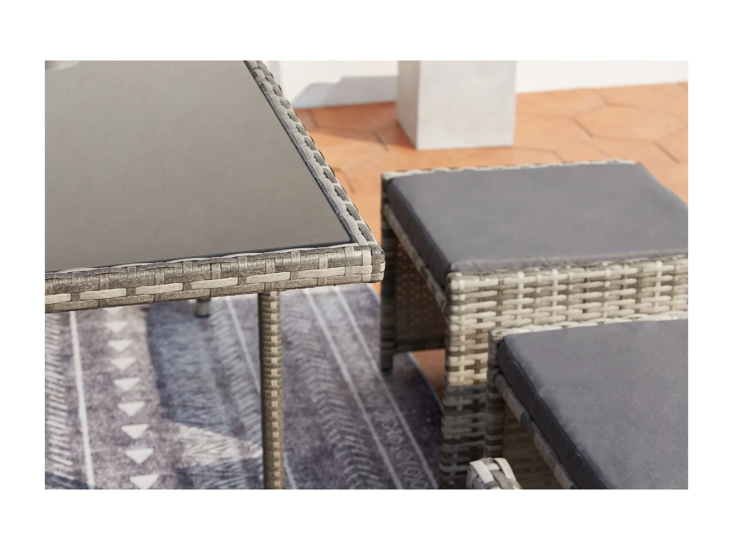 Conjunto de jardim em vime cinza MIAMI para 12 pessoas - Mesa, cadeiras e pufes - Exterior e interior