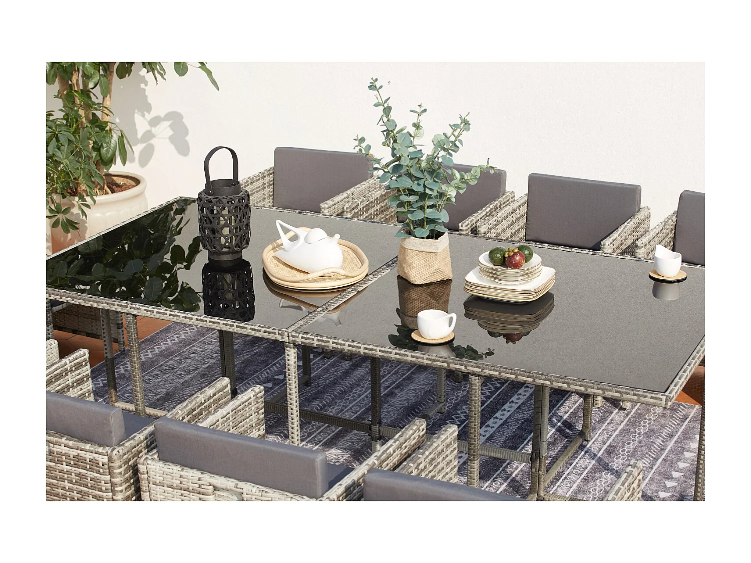 Conjunto de jardim em vime cinza MIAMI para 12 pessoas - Mesa, cadeiras e pufes - Exterior e interior