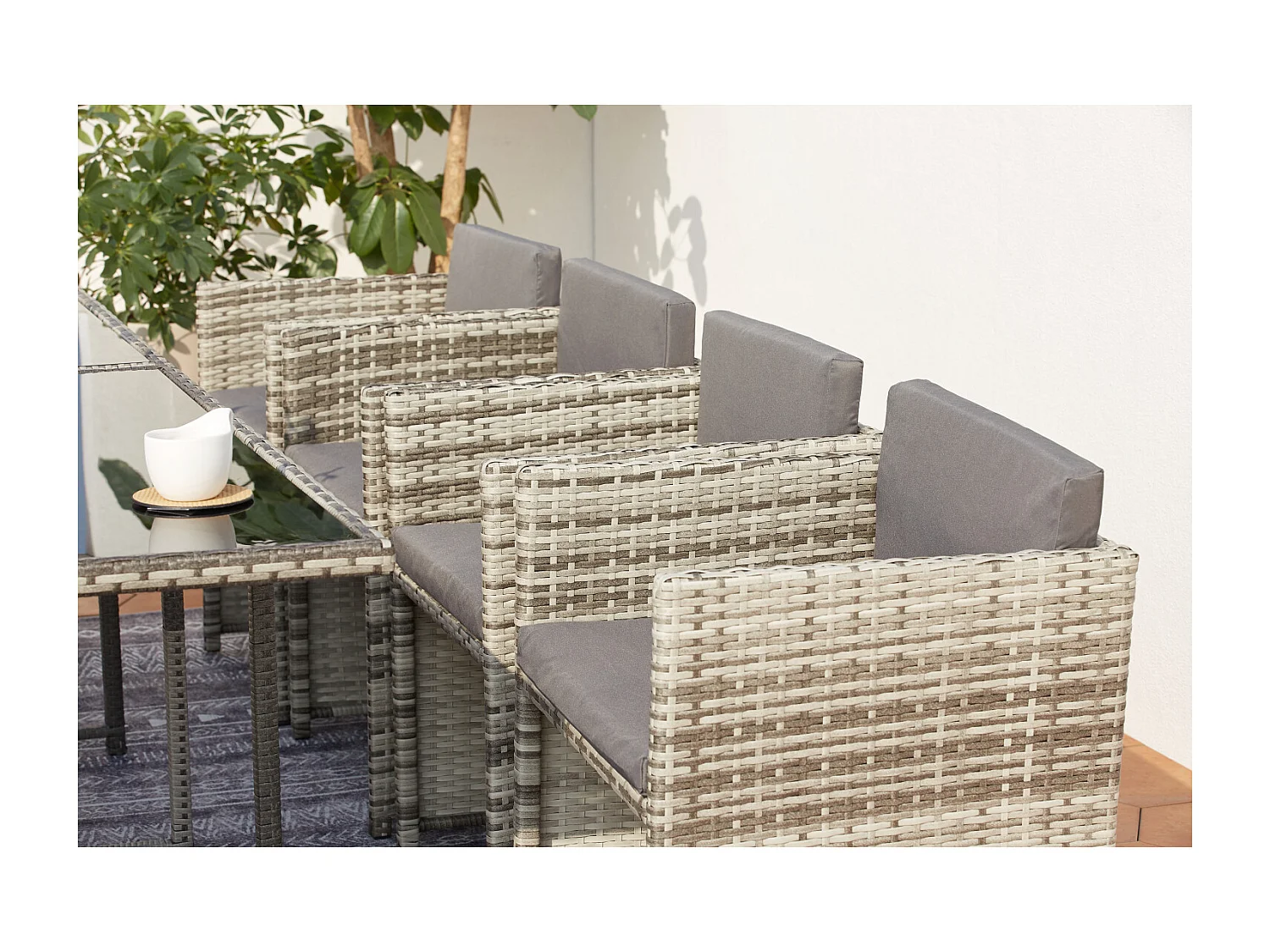 Conjunto de jardim em vime cinza MIAMI para 12 pessoas - Mesa, cadeiras e pufes - Exterior e interior