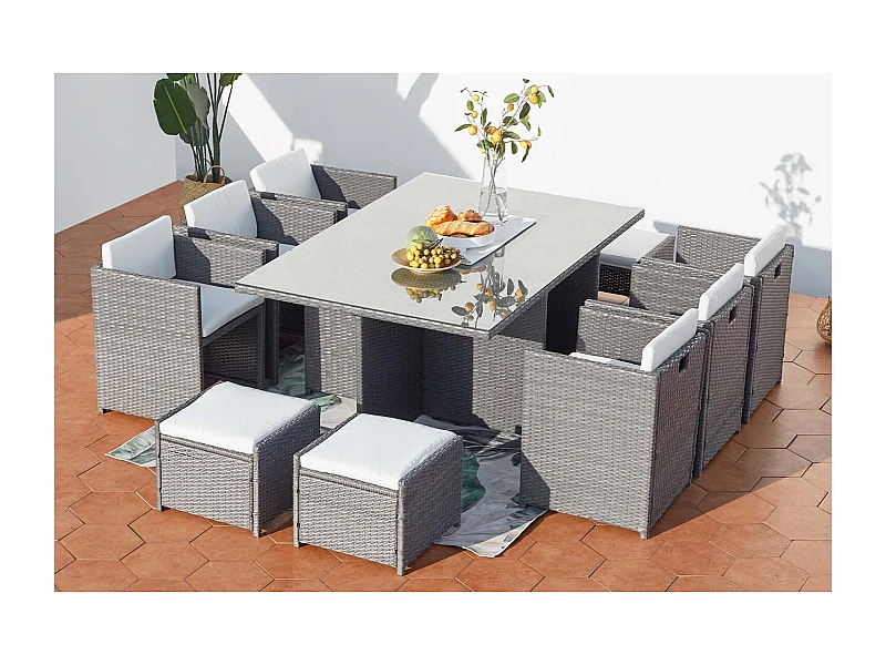 Salón de jardín encastrable 10 plazas de resina trenzada gris/blanco MIAMI