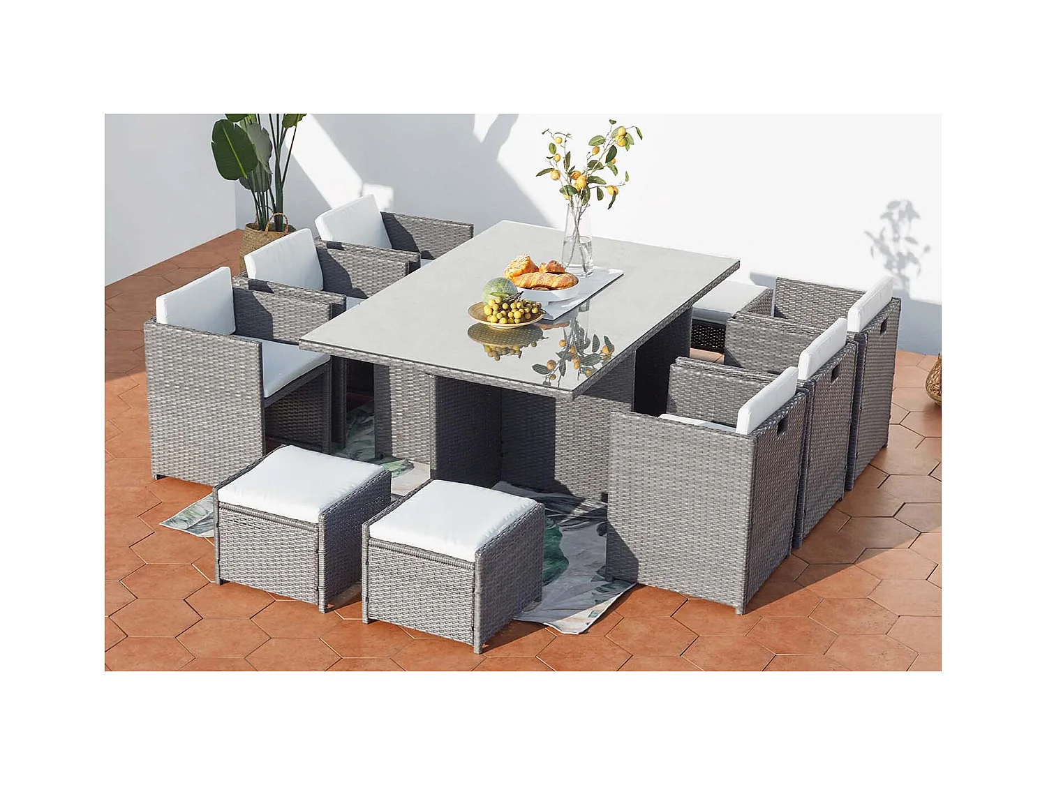 Salón de jardín encastrable 10 plazas de resina trenzada gris/blanco MIAMI