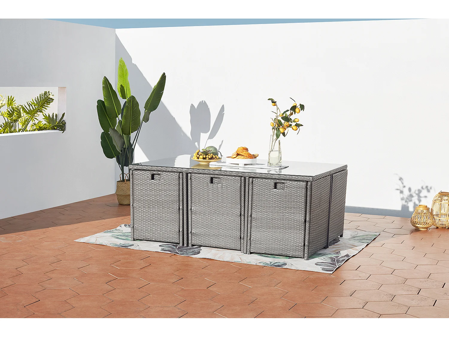 Salón de jardín encastrable 10 plazas de resina trenzada gris/blanco MIAMI