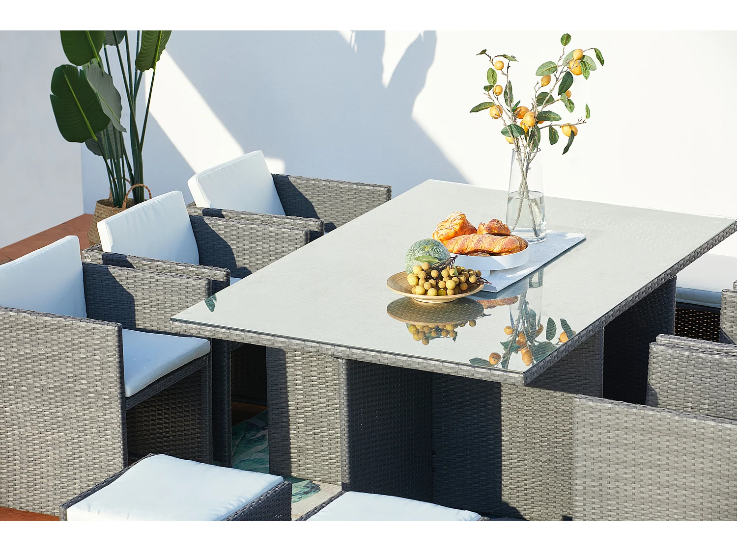 Salón de jardín encastrable 10 plazas de resina trenzada gris/blanco MIAMI