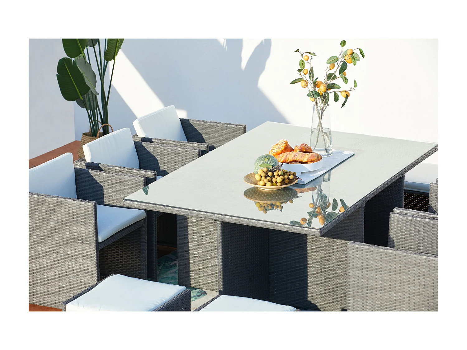 Salón de jardín encastrable 10 plazas de resina trenzada gris/blanco MIAMI