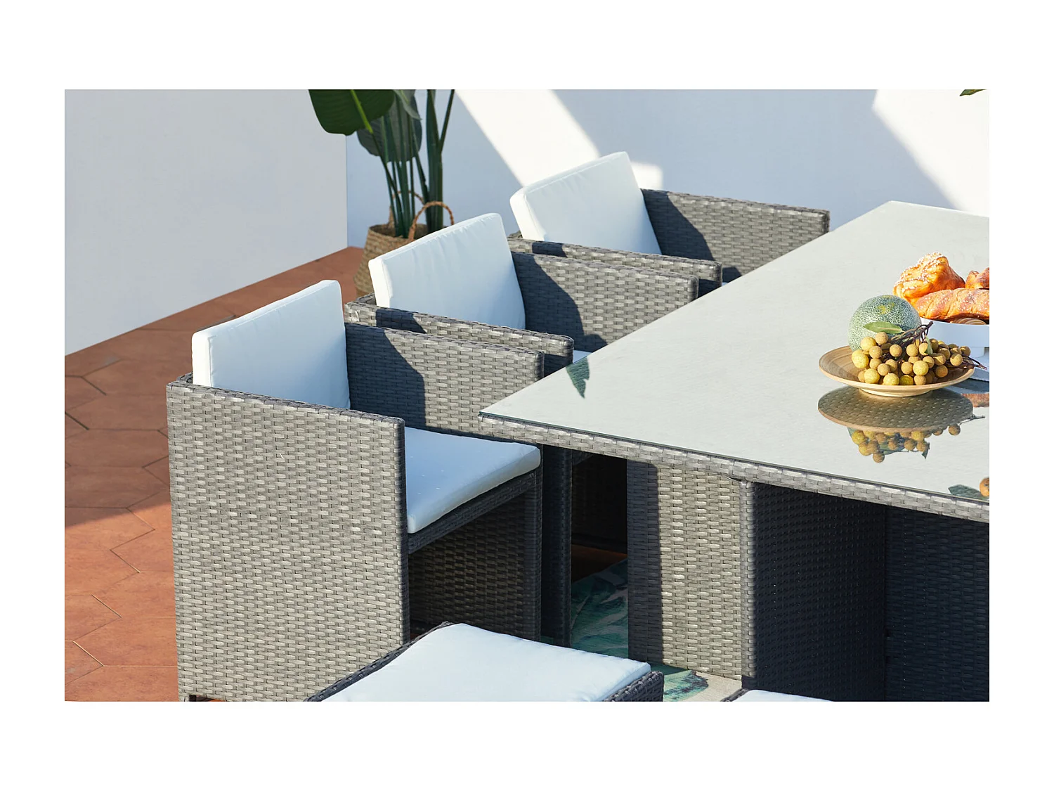 Salón de jardín encastrable 10 plazas de resina trenzada gris/blanco MIAMI