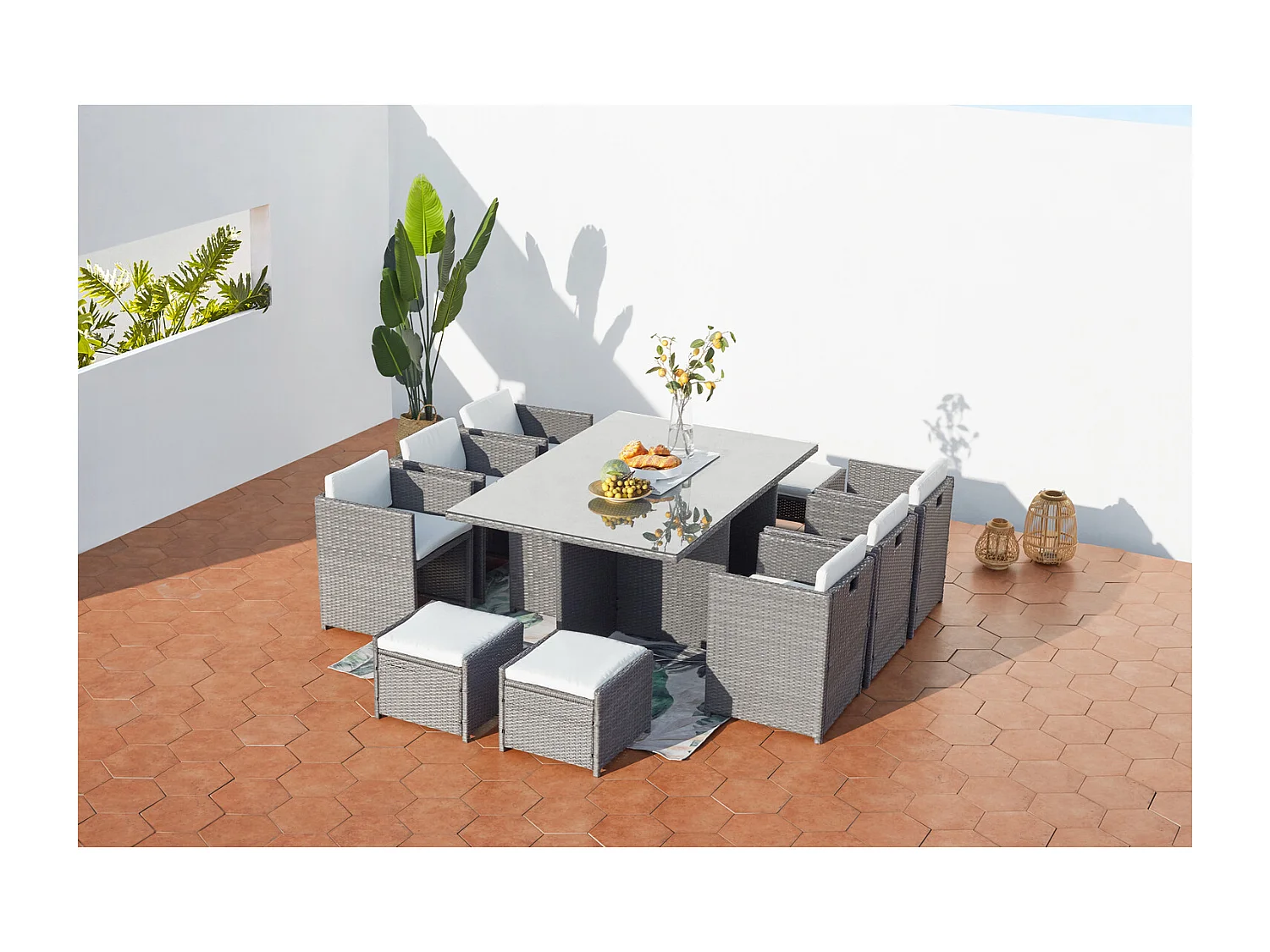 Salón de jardín encastrable 10 plazas de resina trenzada gris/blanco MIAMI