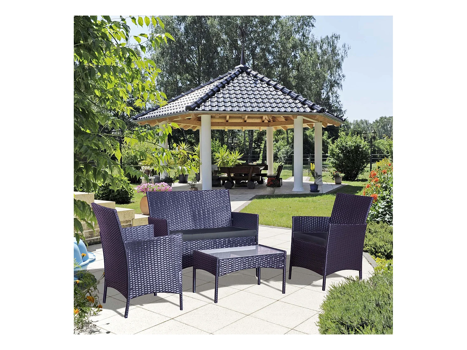 Loungeset voor 4 personen van zwart gevlochten hars Mykonos Modern en design