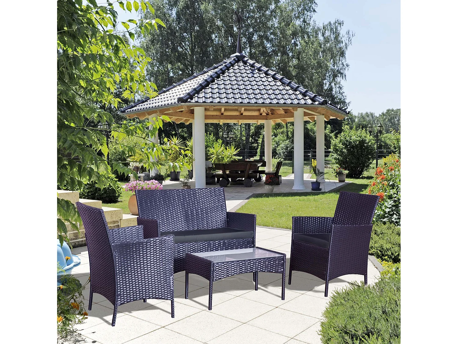 Loungeset voor 4 personen van zwart gevlochten hars Mykonos Modern en design