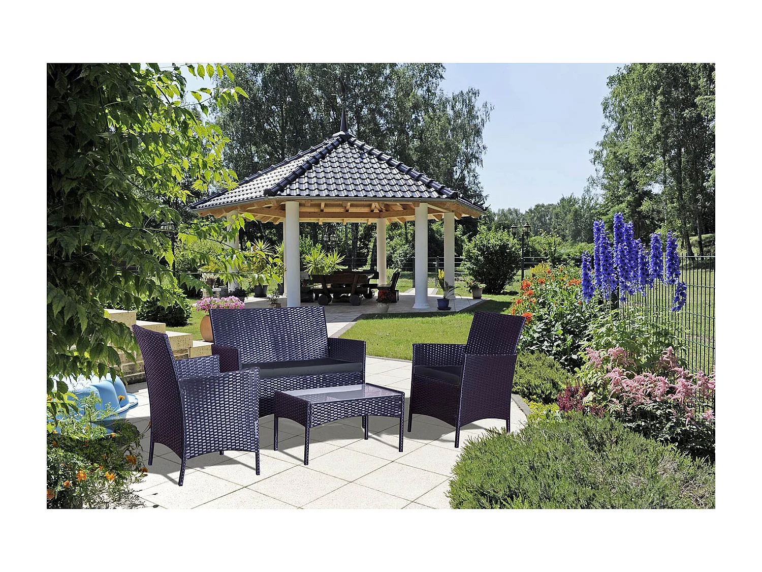 Loungeset voor 4 personen van zwart gevlochten hars Mykonos Modern en design