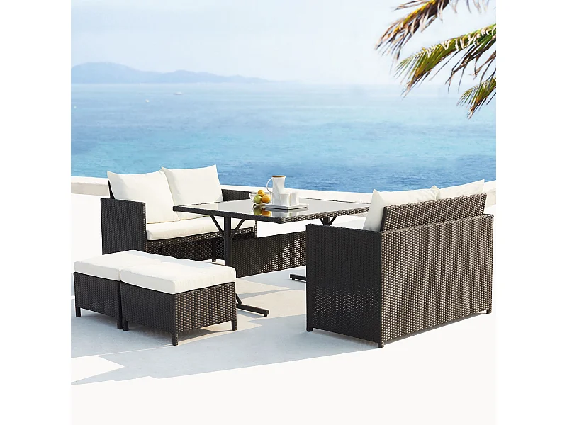 Salotto da giardino a incasso 8 posti resina intrecciata nero/bianco NOUMÉA