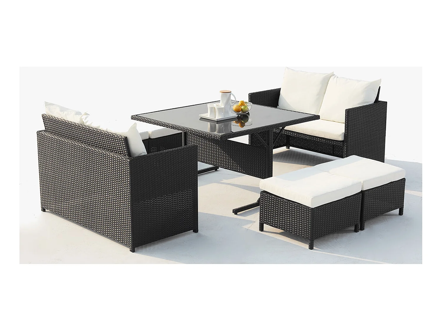 Salon de jardin encastrable 8 places en résine noir-blanc NOUMÉA