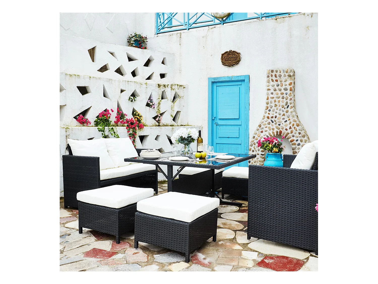 Salon de jardin encastrable 8 places en résine noir-blanc NOUMÉA