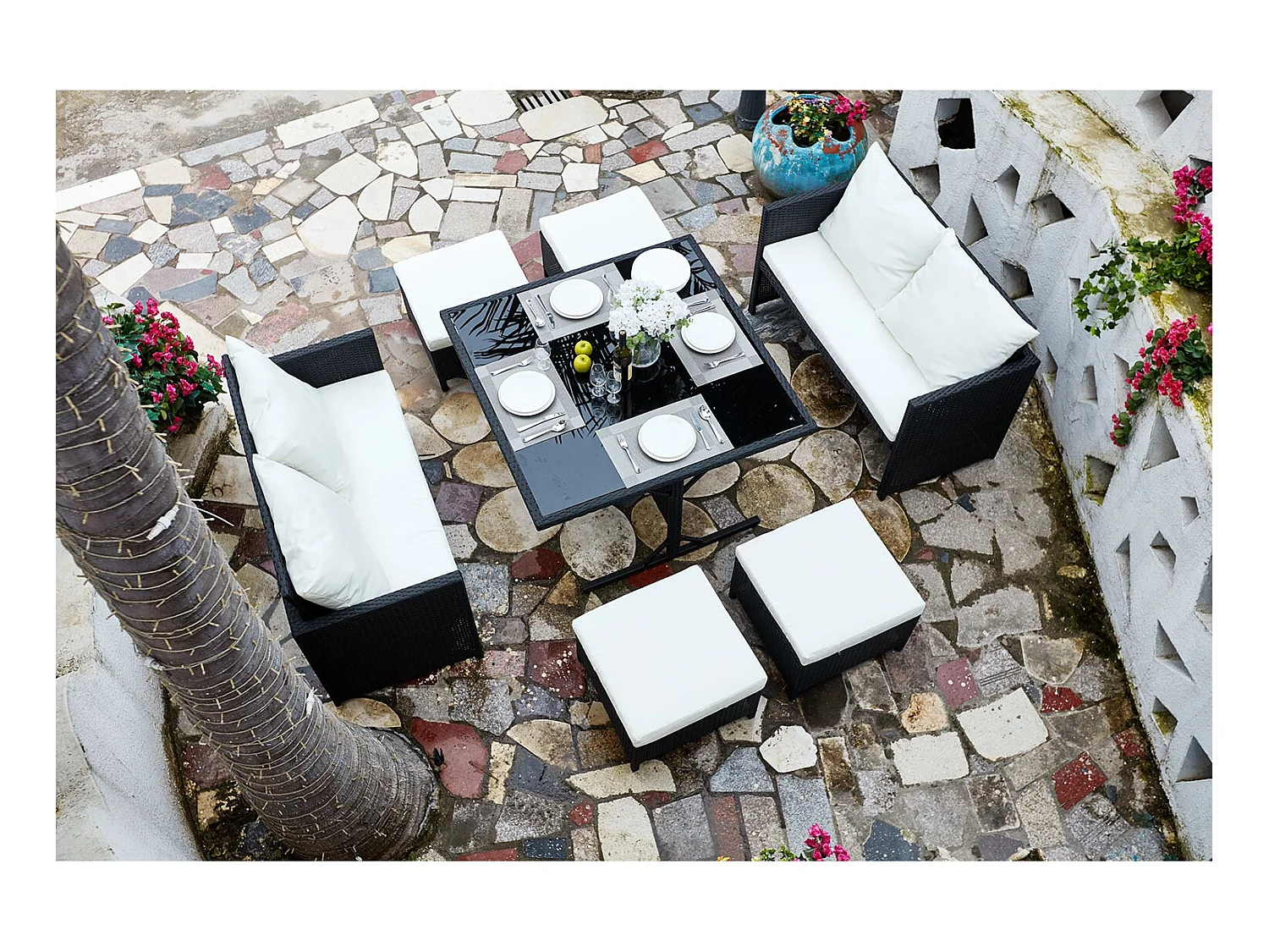 Salon de jardin encastrable 8 places en résine noir-blanc NOUMÉA