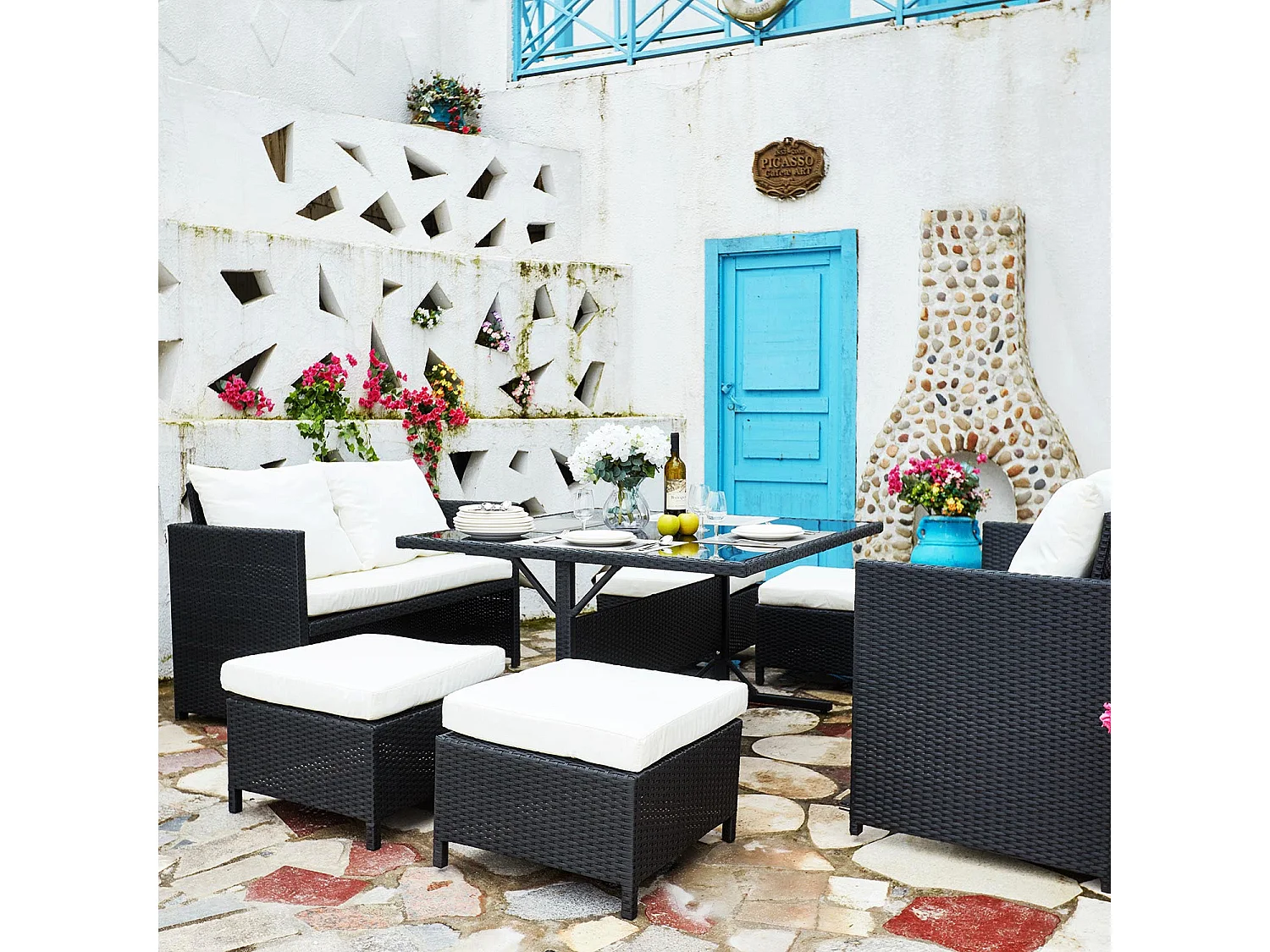Salon de jardin encastrable 8 places en résine noir-blanc NOUMÉA