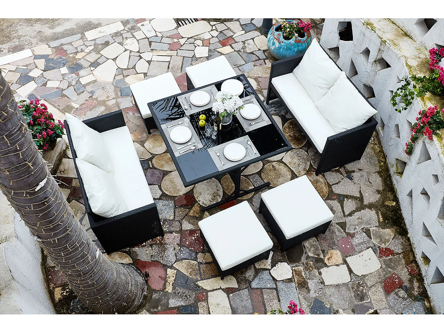 Salon de jardin encastrable 8 places en résine noir-blanc NOUMÉA