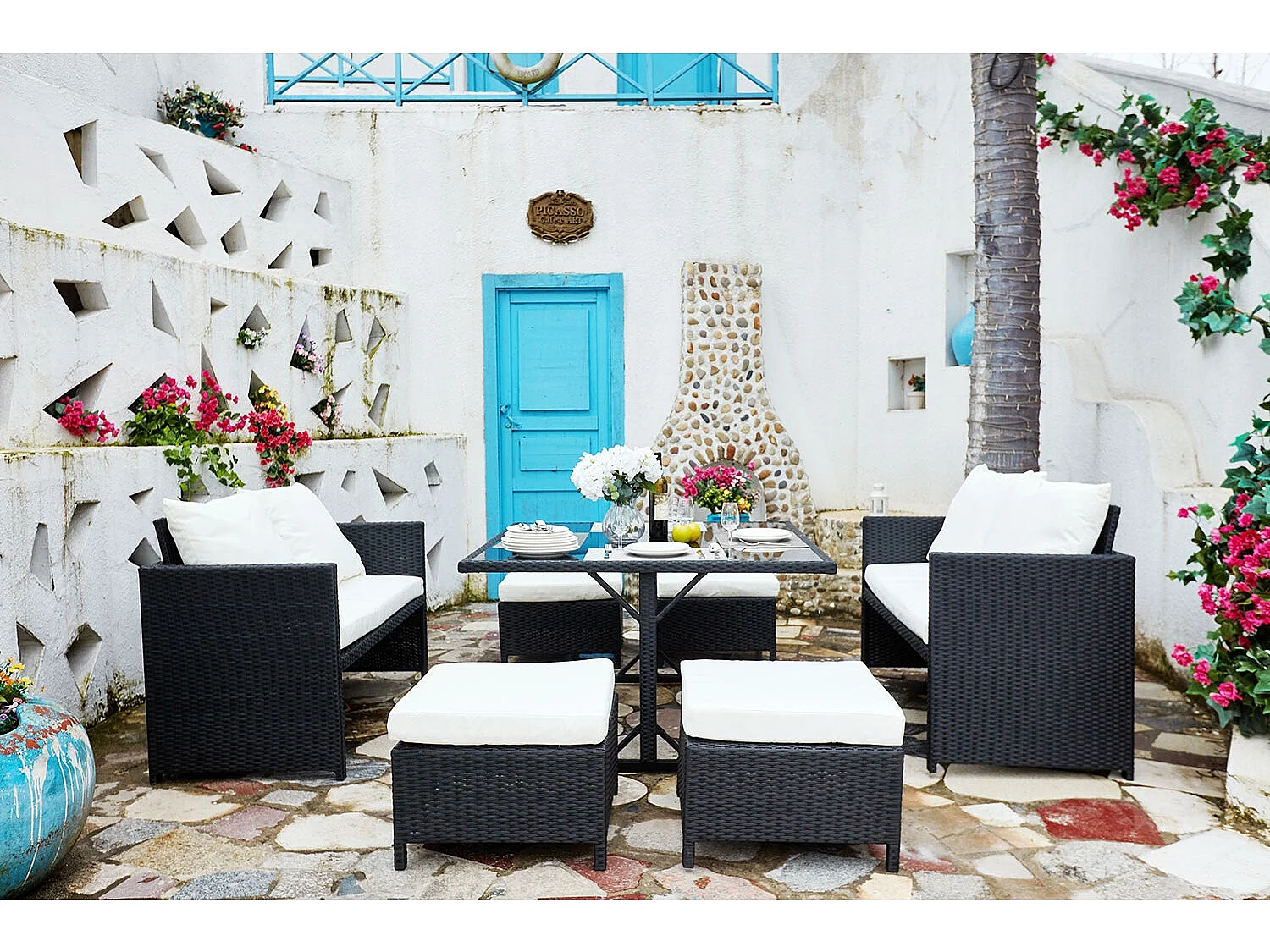 Salon de jardin encastrable 8 places en résine noir-blanc NOUMÉA