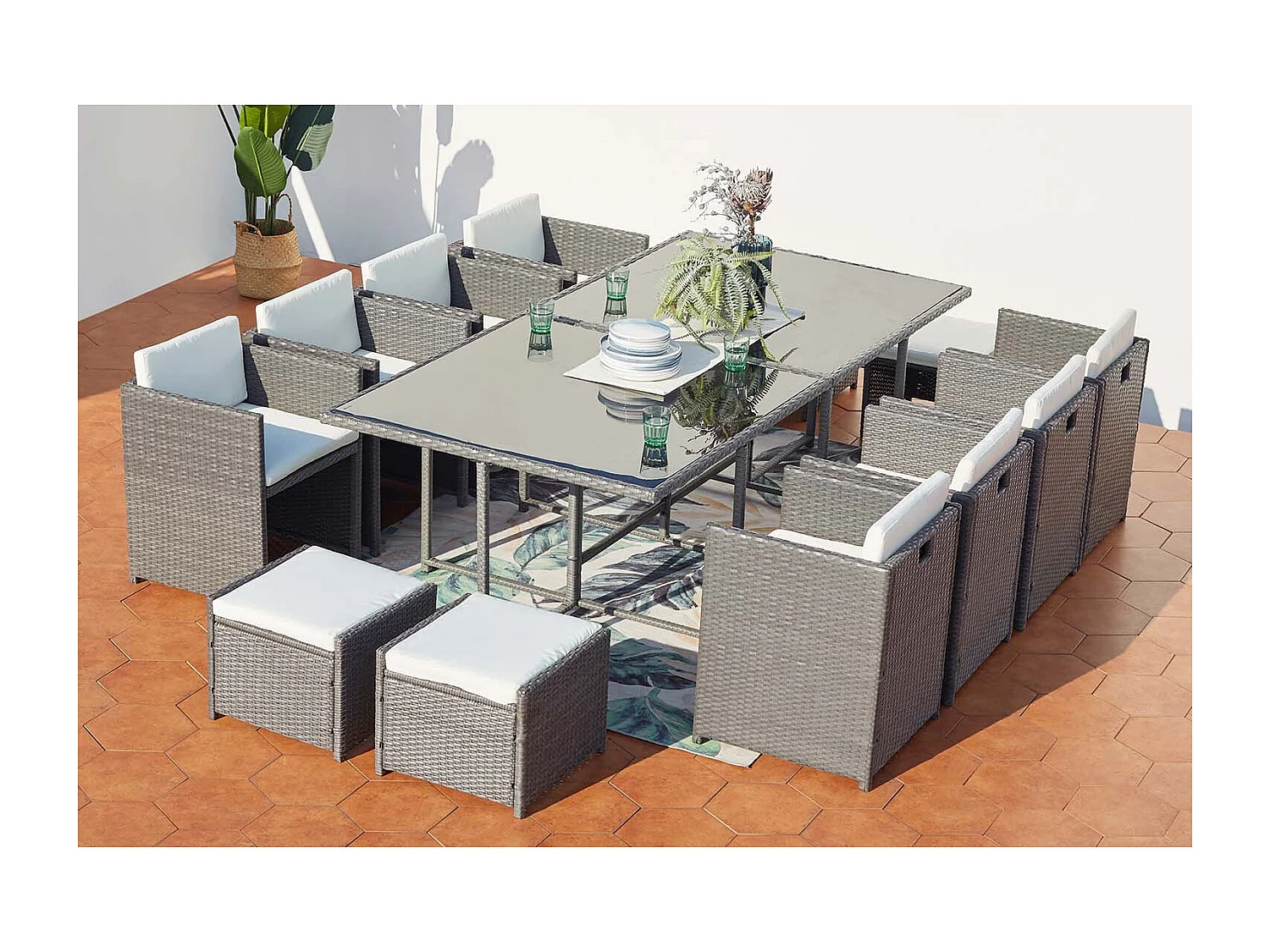Table et chaises 12 places encastrables résine gris-blanc MIAMI