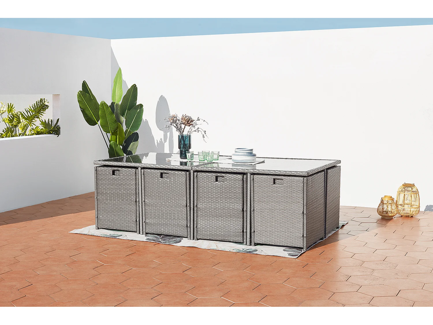 Table et chaises 12 places encastrables résine gris-blanc MIAMI