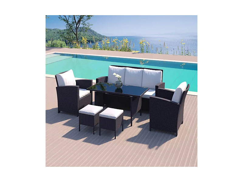 Salón de jardín 7 plazas de resina trenzada negro/blanco MODENA