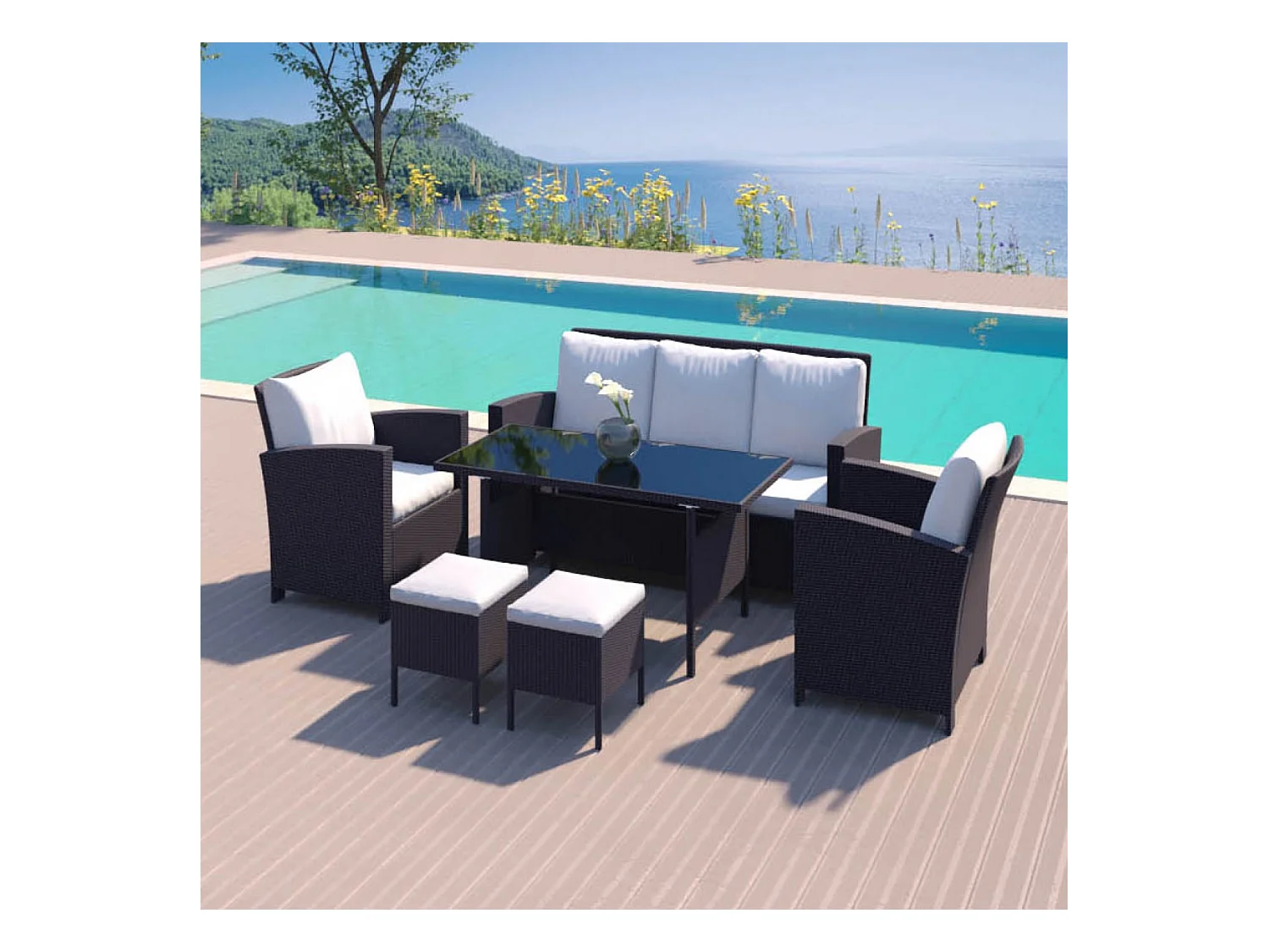 Salon de jardin 7 places en résine tressée noir et blanc MODENA