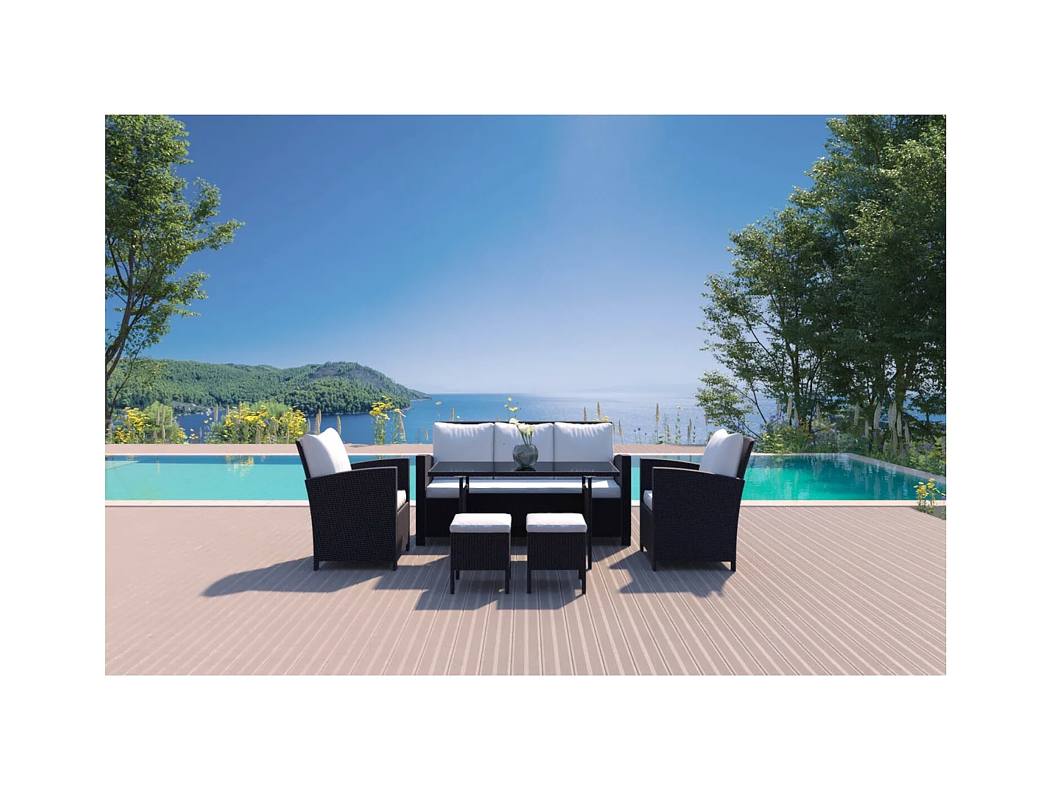 Salon de jardin 7 places en résine tressée noir et blanc MODENA