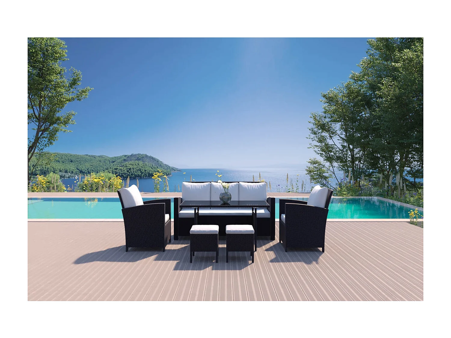 Salon de jardin 7 places en résine tressée noir et blanc MODENA