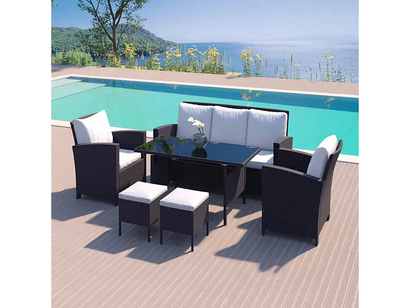 Loungeset 7-delig van zwart/wit gevlochten kunststof MODERNA - Strak Design - Veelzijdig