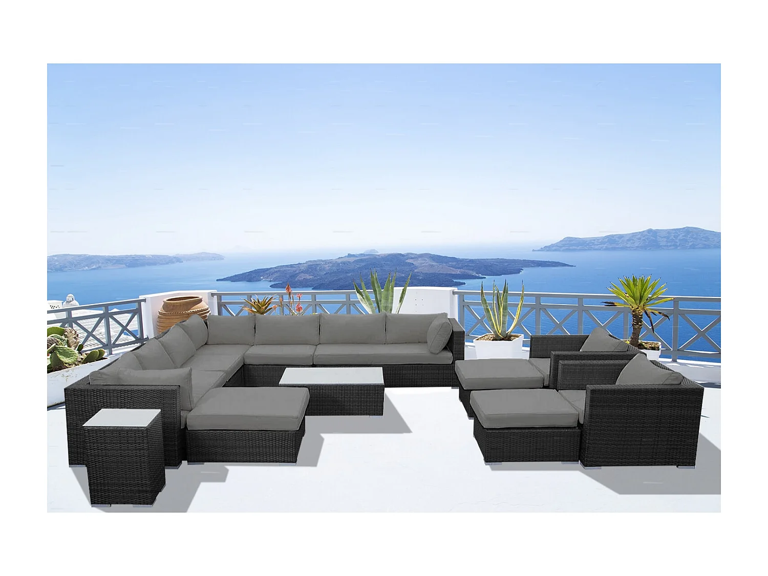 Salon de jardin modulable 13-14 places en résine tressée noir-gris STALLA