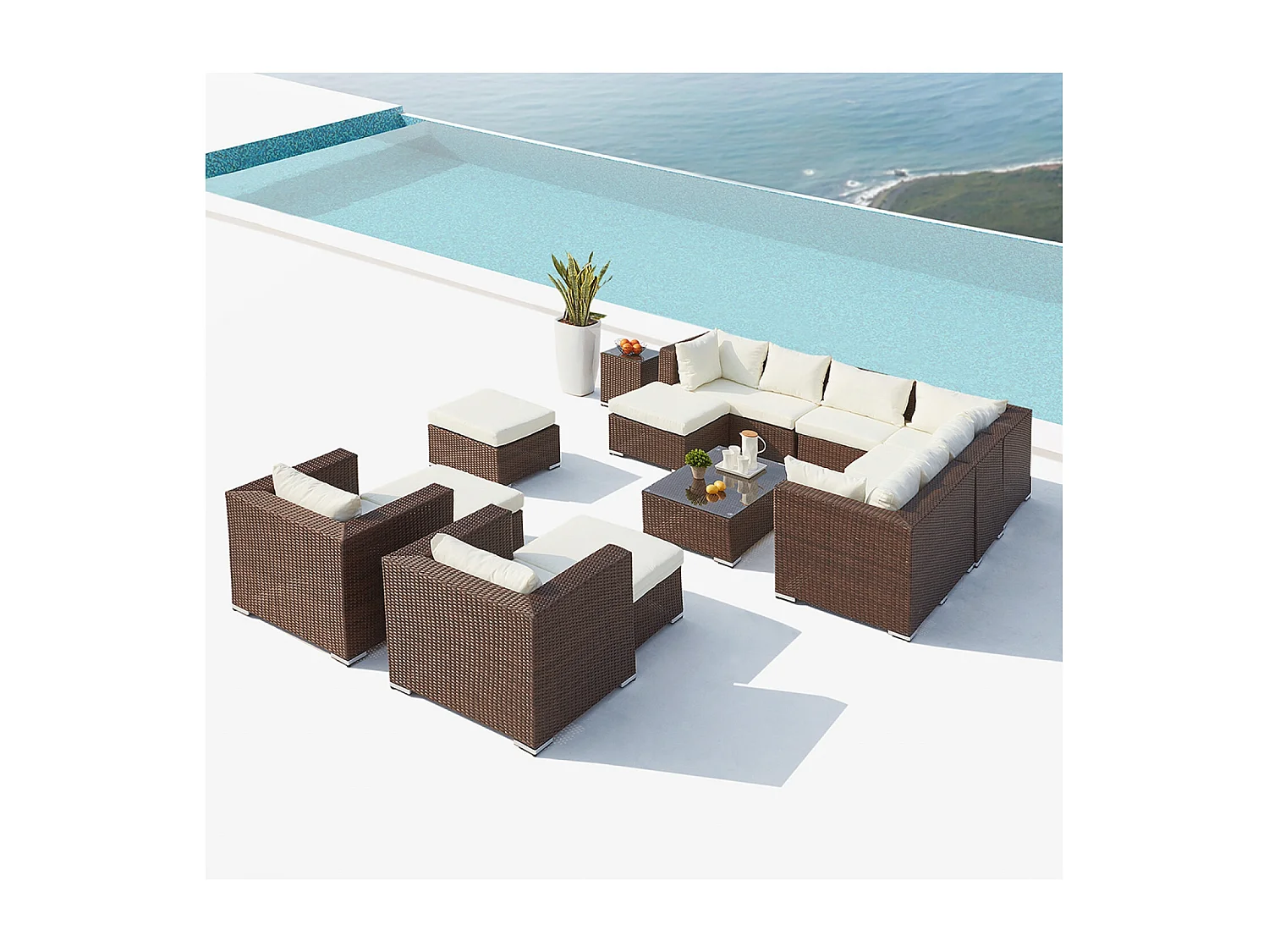 Salon de jardin modulable 13-14 places en résine marron-blanc STALLA