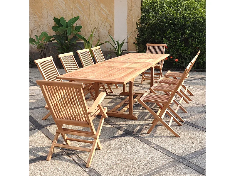 Salon de jardin teck massif 10-12 personnes table rectangulaire 8 chaises 2 fauteuils KAJANG