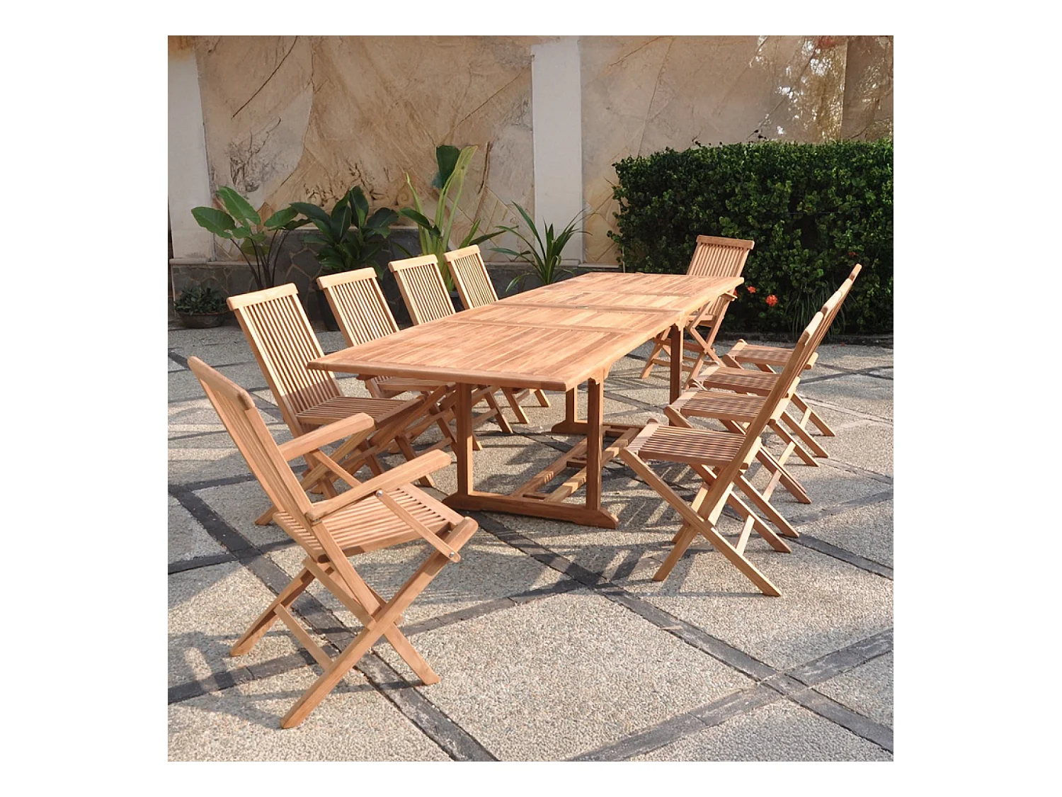 Salon de jardin teck massif 10-12 personnes table rectangulaire 8 chaises 2 fauteuils KAJANG