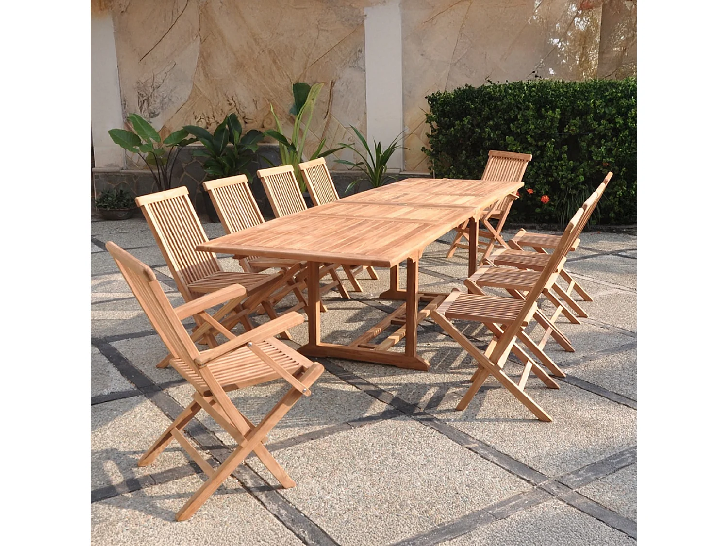 Salon de jardin teck 12 places table rectangulaire 8 chaises 2 fauteuils KAJANG