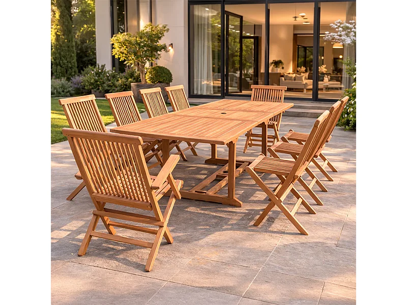 Conjunto de jardim em madeira maciça de teca para 10-12 pessoas - Mesa retangular + 8 cadeiras + 2 cadeirões KAJANG