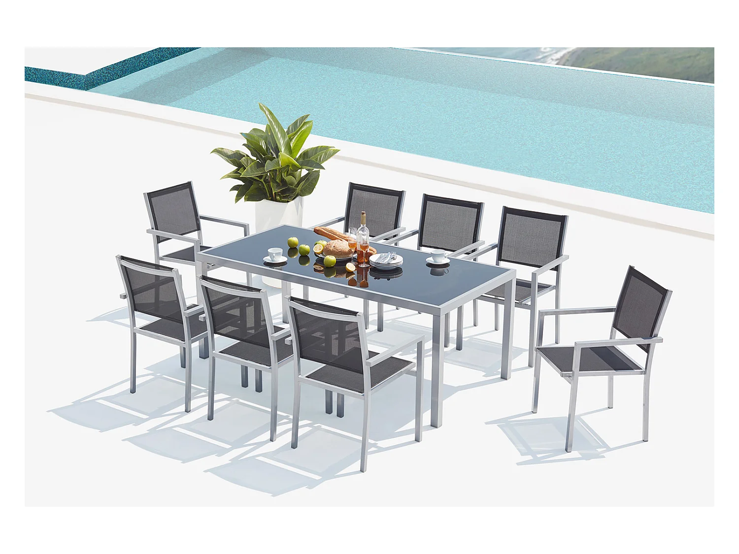 Table de jardin et 8 fauteuils aluminium et toile PVC gris SALERNE
