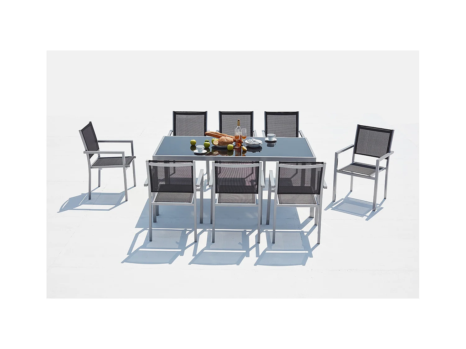 Table de jardin et 8 fauteuils aluminium et toile PVC gris SALERNE
