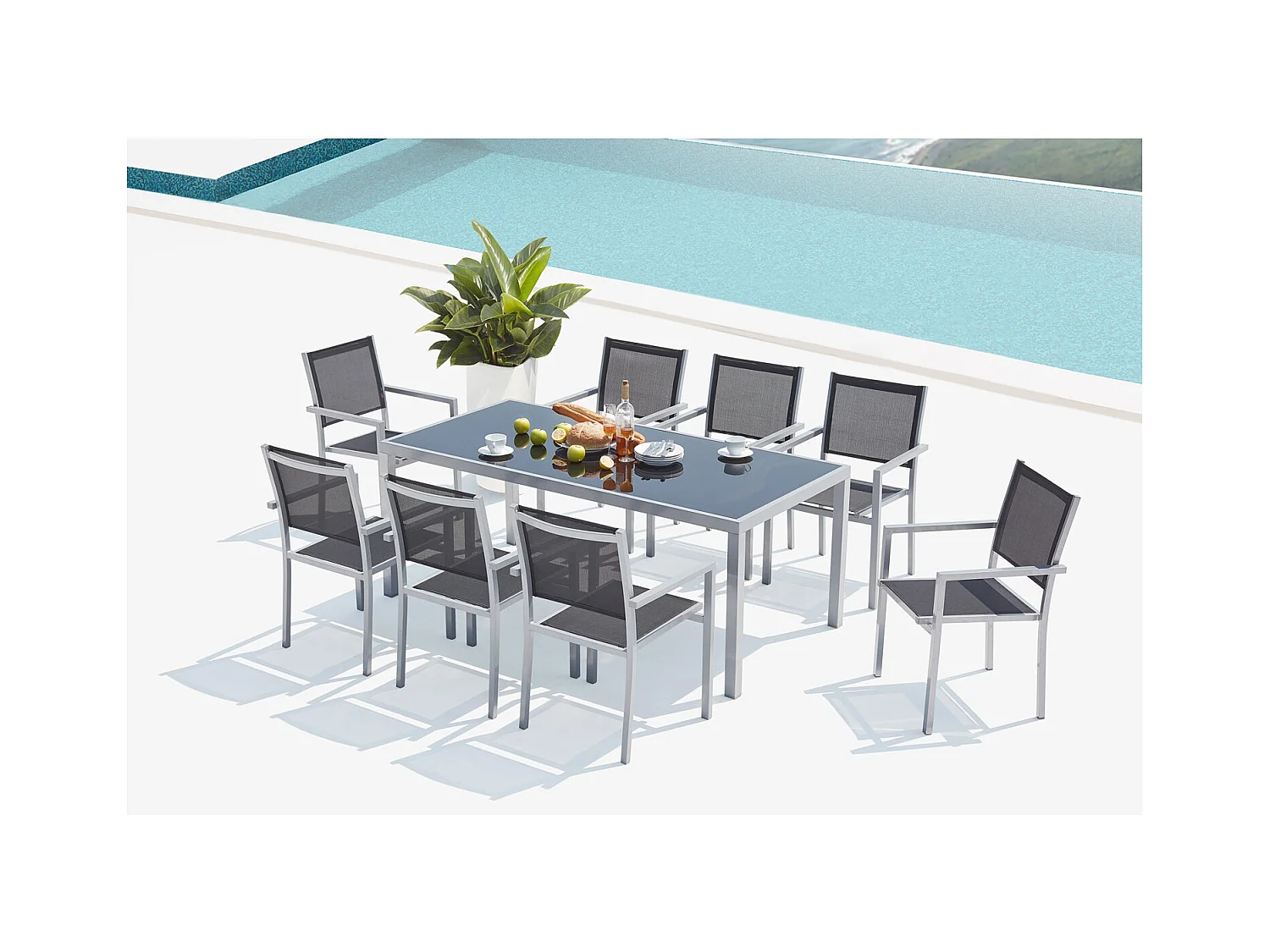 Table de jardin et 8 fauteuils aluminium et toile PVC gris SALERNE