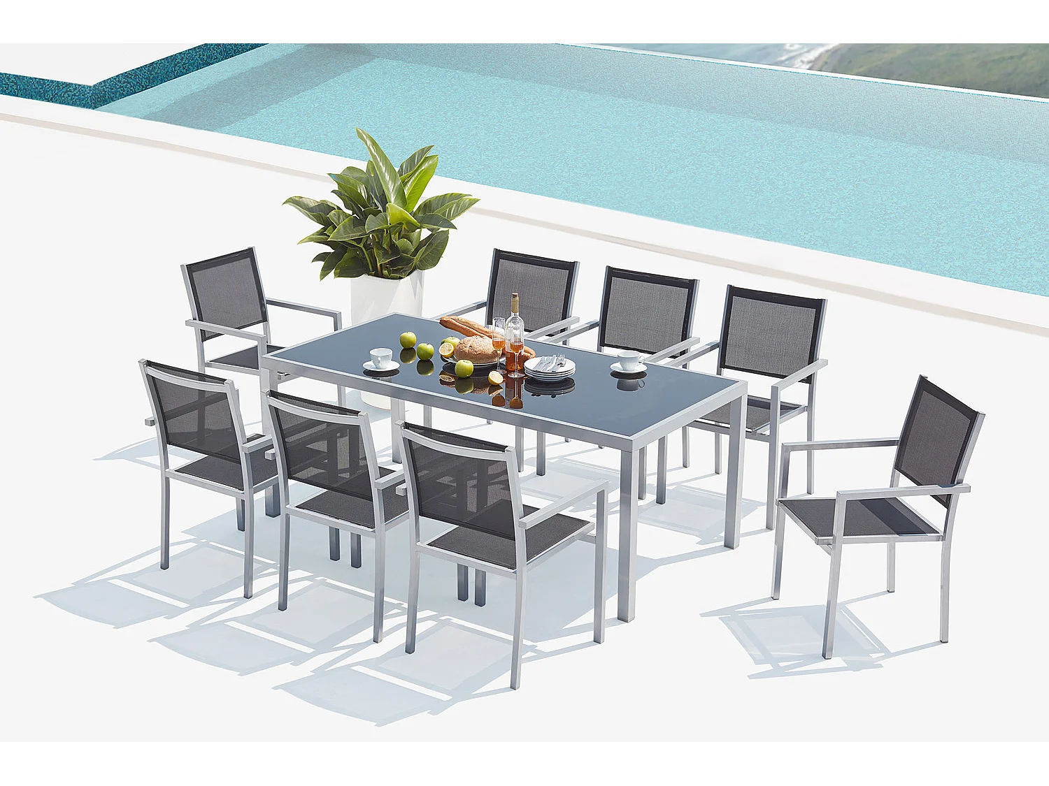 Table de jardin et 8 fauteuils aluminium et toile PVC gris SALERNE