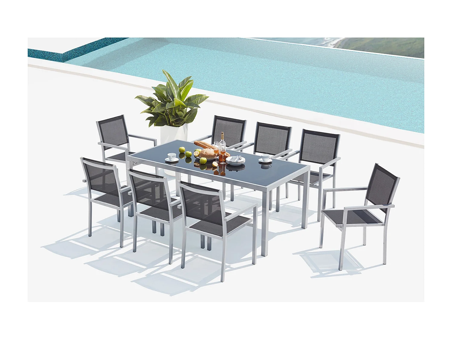 Table de jardin et 8 fauteuils aluminium et toile PVC gris SALERNE