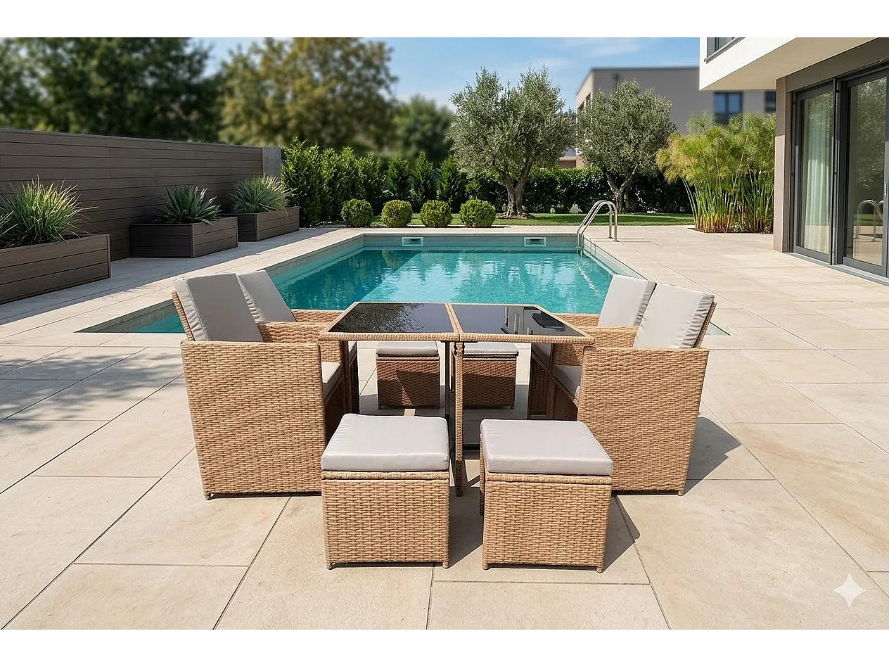 Salón de jardín 8 plazas de resina trenzada natural FLORIDA