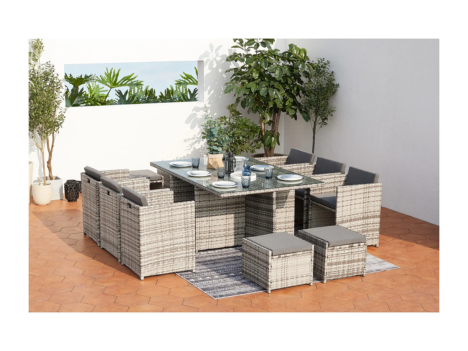 10-Sitzer Gartenmöbelset aus grauem Rattan MIAMI - Zeitgenössischer Stil