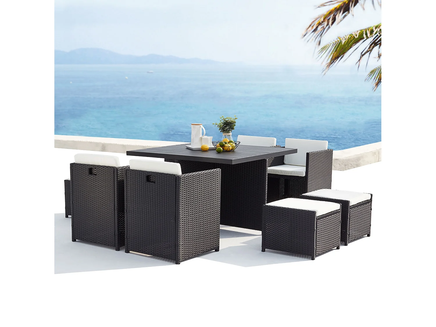 Table et chaise 8 places encastrables alu résine noir-blanc SUNSET