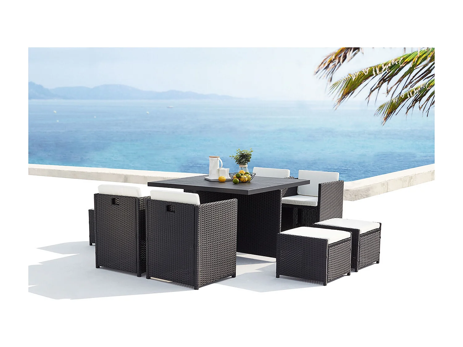 Table et chaise 8 places encastrables alu résine noir-blanc SUNSET